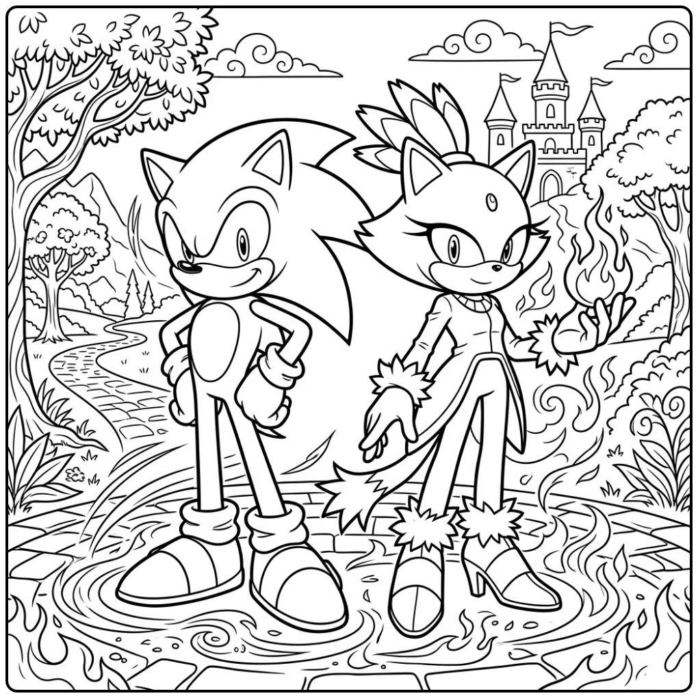 Dynamic Sonic and Blaze Together coloring page