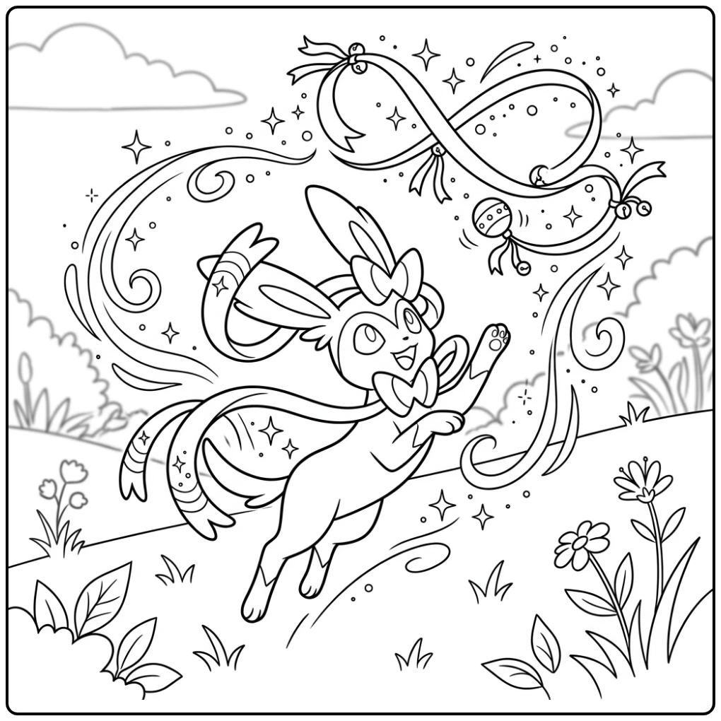 Dynamic Sylveon Chasing a Ribbon coloring page