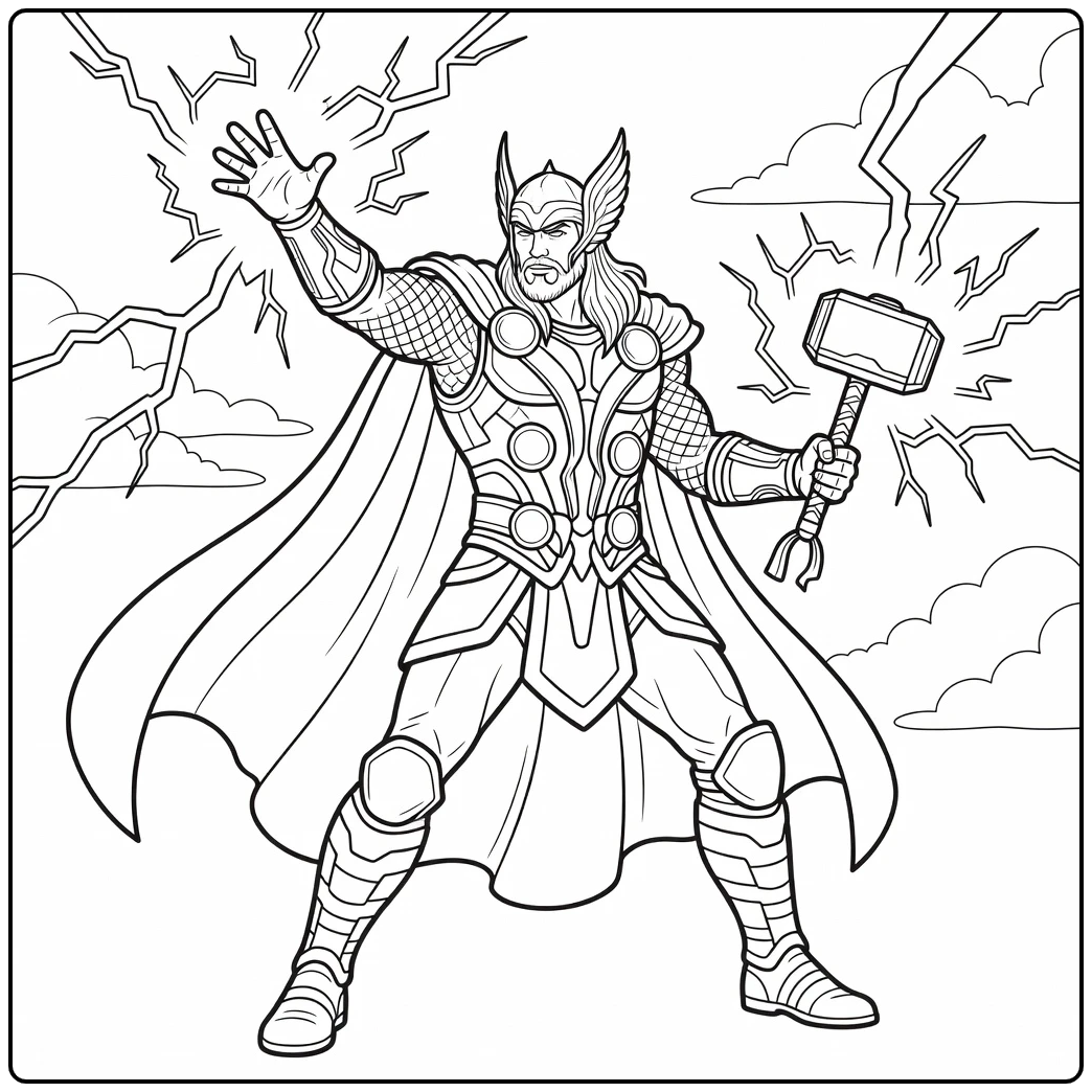 Dynamic Thor Hammer and Lightning Bolts coloring page