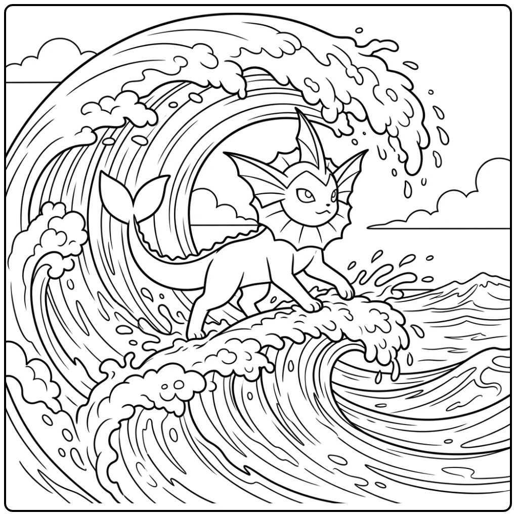 Dynamic Vaporeon Riding on Waves coloring page