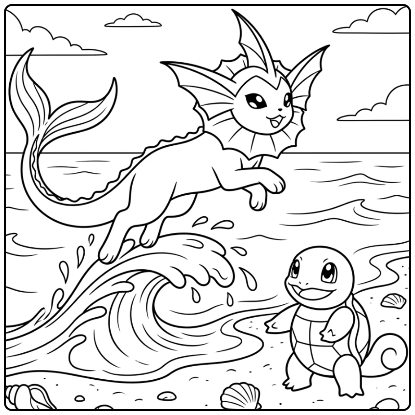 Dynamic Vaporeon Jumping from a Wave coloring page