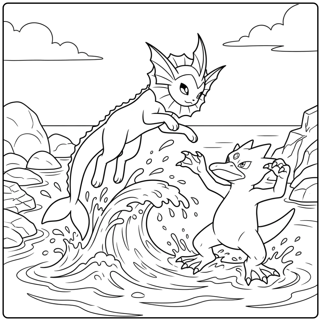 Dynamic Vaporeon Vs Golduck Battle coloring page