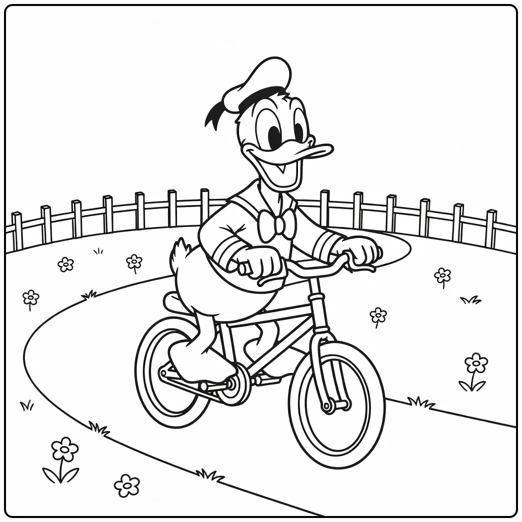 Happy Easy Donald Duck on a Bicycle coloring page
