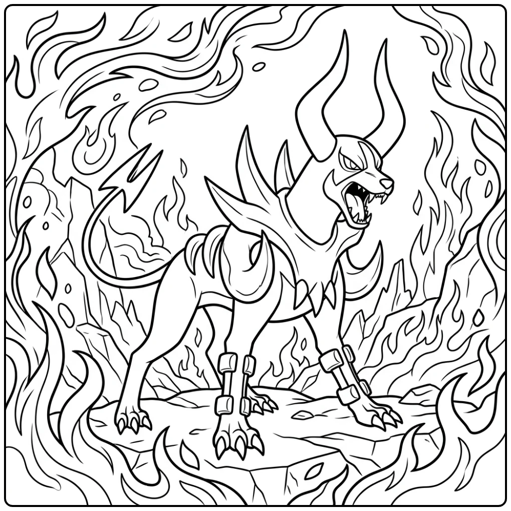 A Epic Mega Houndoom Pokemon in Strijdhouding coloring page
