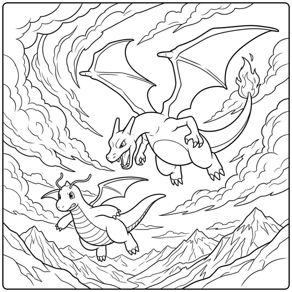 Epic Detailed Pokemon Charizard Vs Dragonite coloring page