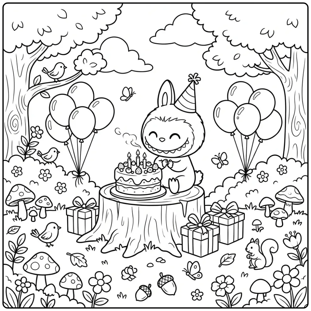 A Festive Labubu Birthday in the Forest coloring page