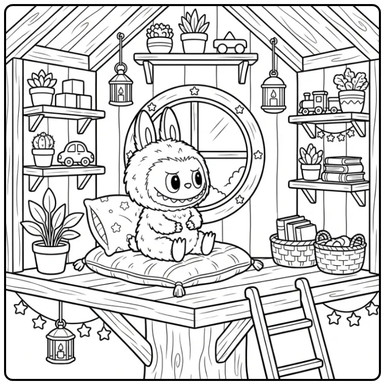Cozy Cute Labubu in a Wooden Treehouse coloring page
