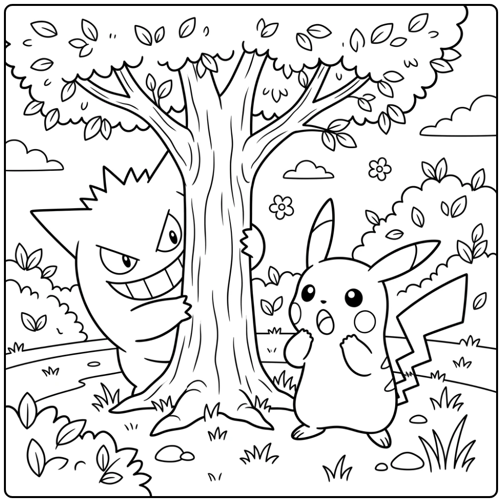 A Funny Moment with Gengar and Pikachu Pokemon Cute coloring page
