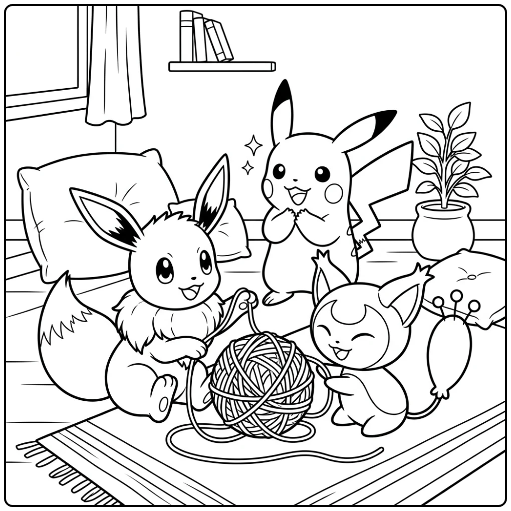 Cute Pokemon Eevee, Skitty, and Pikachu Cheerful Together coloring page