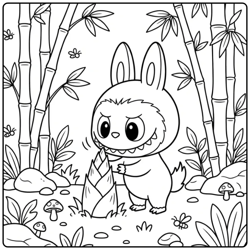 Fun Kawaii Labubu with Bamboo and Stones coloring page