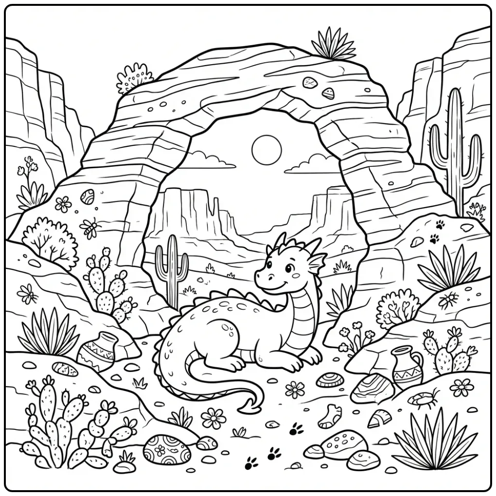 Fun Dragon Resting Under a Rock Arch coloring page