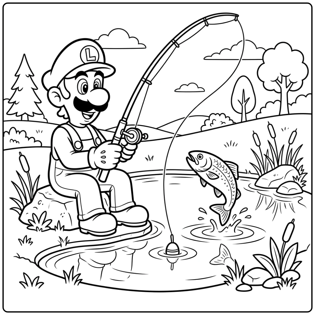 A Fun Luigi Fishing Quiet at the Water coloring page