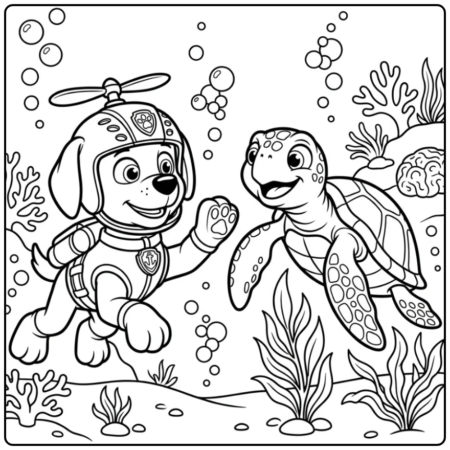 Fun Paw Patrol Zuma and a Turtle coloring page