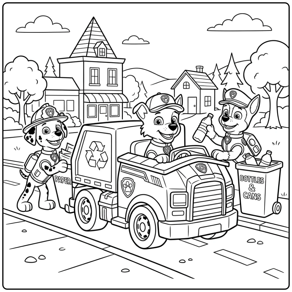 A Paw Patrol Rocky and Friends Recycling coloring page
