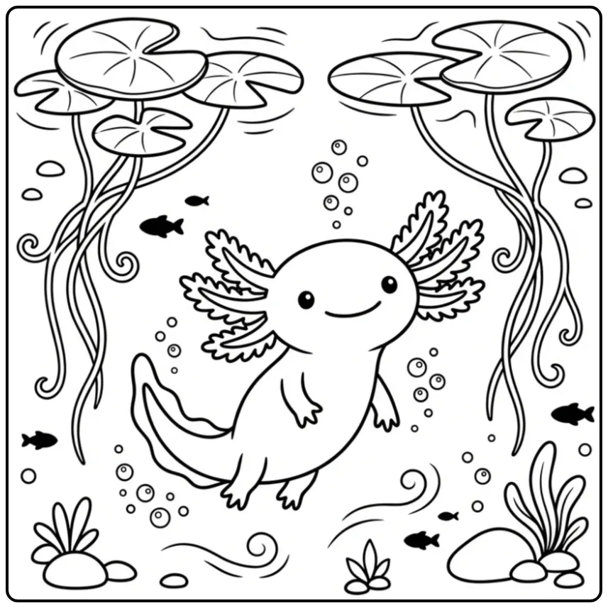 Cute Axolotl Underwater with Lilies coloring page