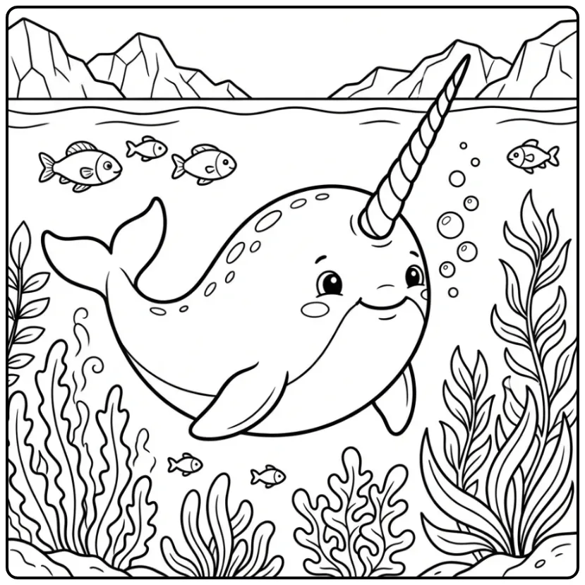 Cute Narwhal Underwater with Bubbles coloring page