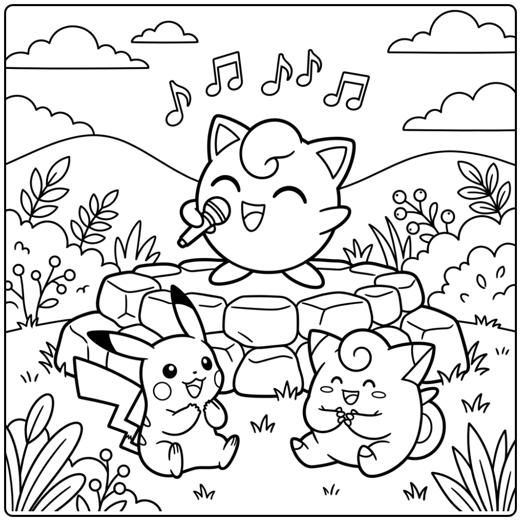 Cute Pokemon with Singing Jigglypuff coloring page