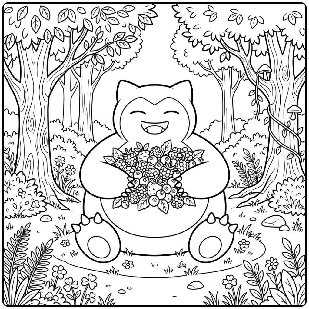Cute Snorlax in a Forest with Berries coloring page