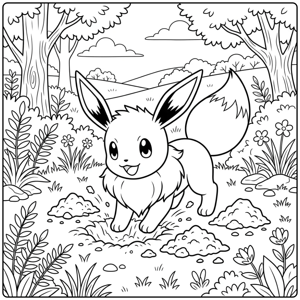 Playful Eevee Digging in the Garden coloring page