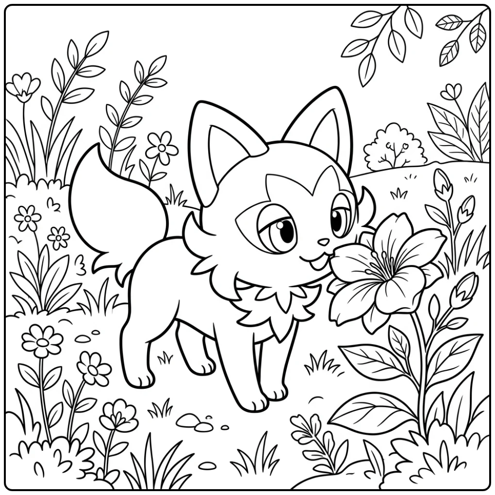 A Unique Pokemon of Sprigatito in the Garden coloring page