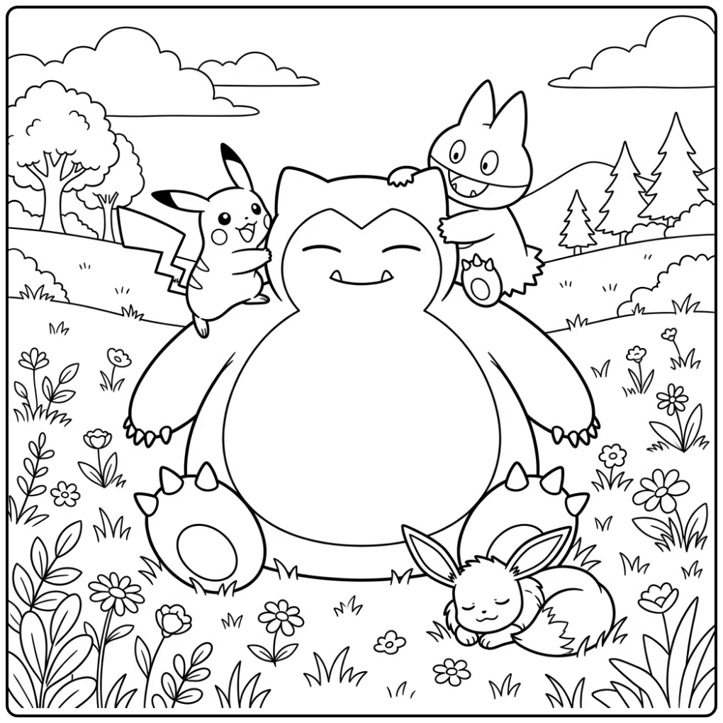 A Peaceful Snorlax with Pikachu and Eevee coloring page
