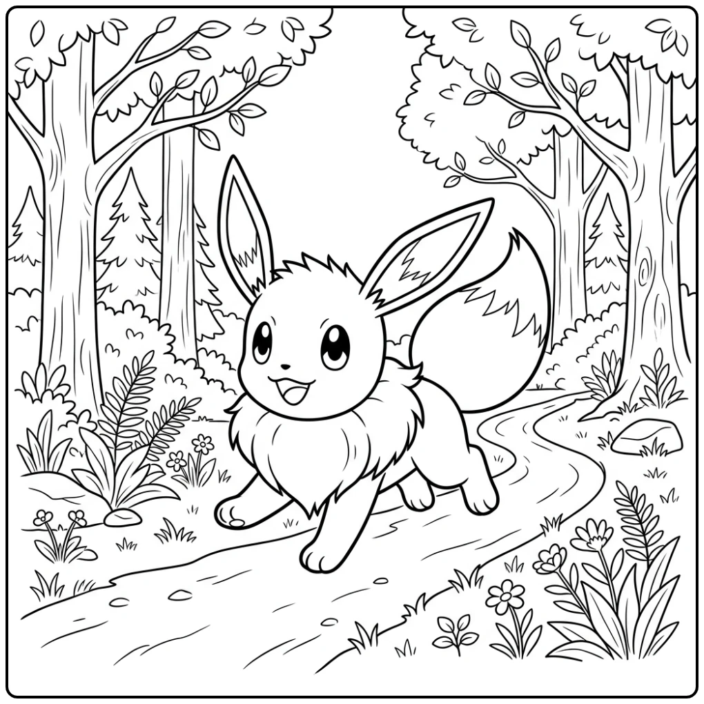 A Cheerful Eevee on Forest Path Full of Fun coloring page