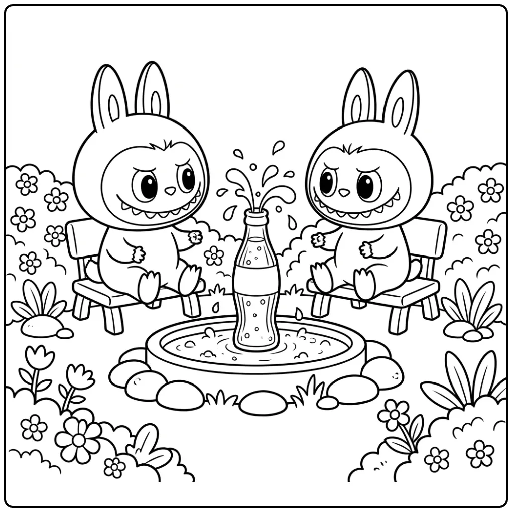 A Cheerful Labubu Cola in the Small Garden coloring page
