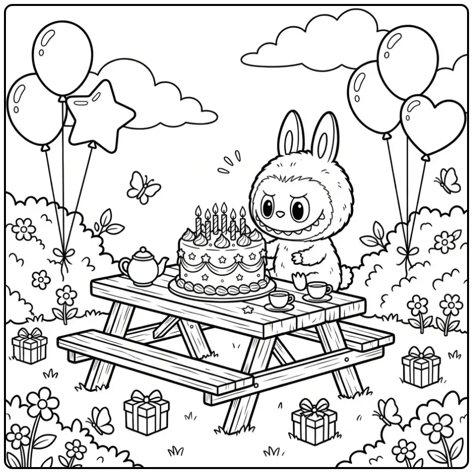 A Cheerful Labubu Birthday in the Garden coloring page