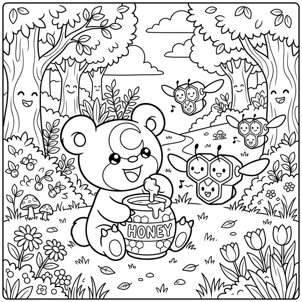 A Cheerful Pokemon Cute Teddiursa and Combee coloring page