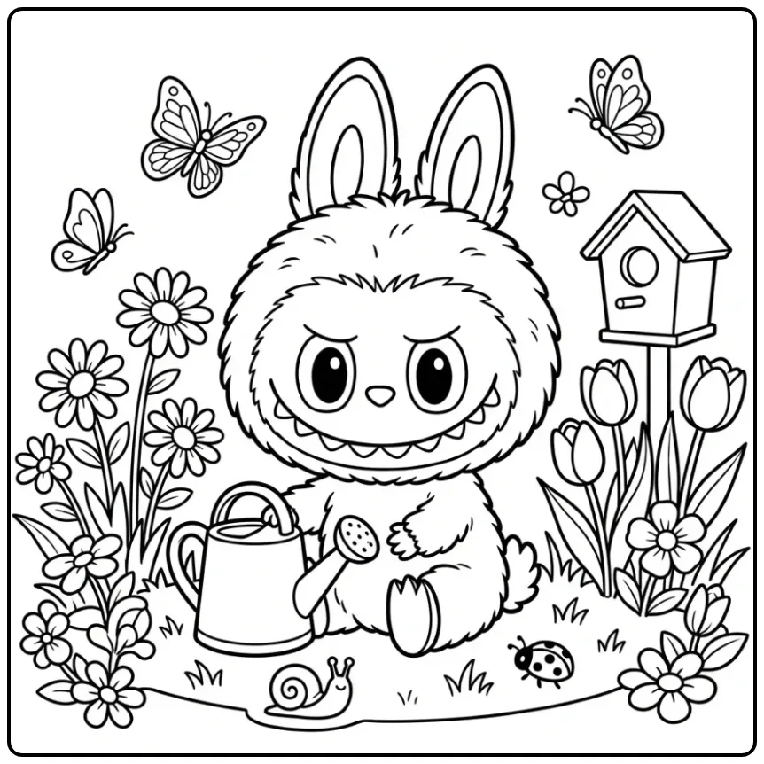 A Cheerful Cute Labubu in the Garden coloring page