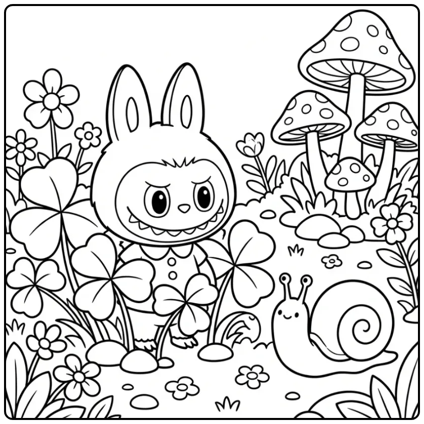 Cheerful Cute Labubu in the Forest coloring page
