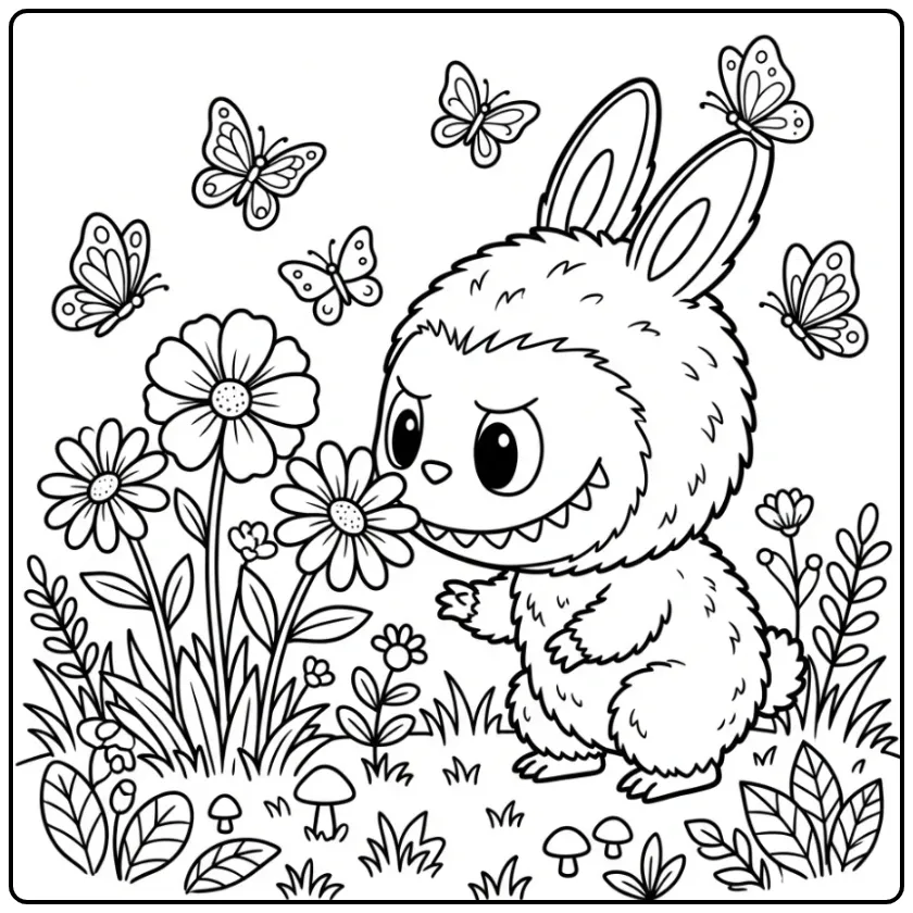 Cheerful Cute Labubu with Flowers coloring page