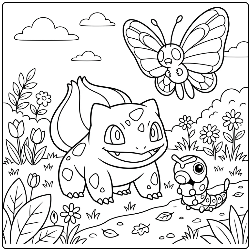 A Cheerful Pokemon Easy with Bulbasaur and Friends coloring page