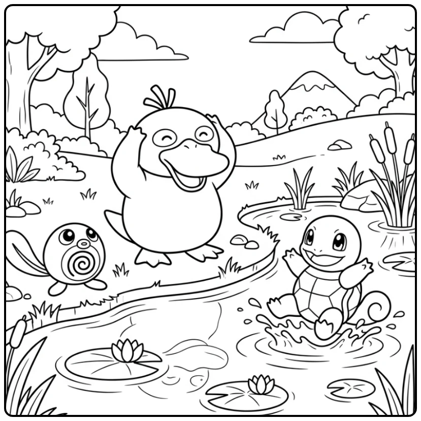 Cheerful Psyduck Scene at a Quiet Pond coloring page