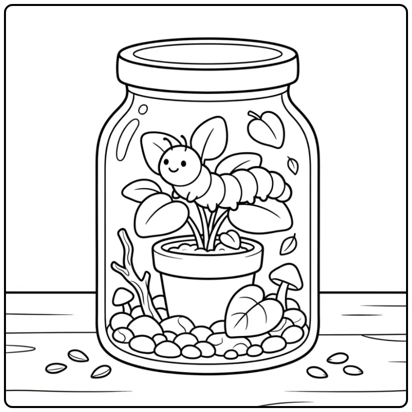 Cheerful Caterpillar in a Terrarium with Plants coloring page