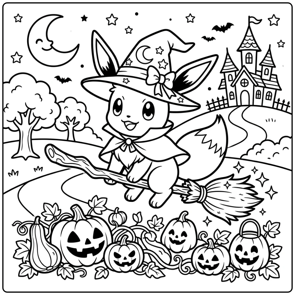 Eevee as Small Witch Halloween Pokemon Adventure coloring page