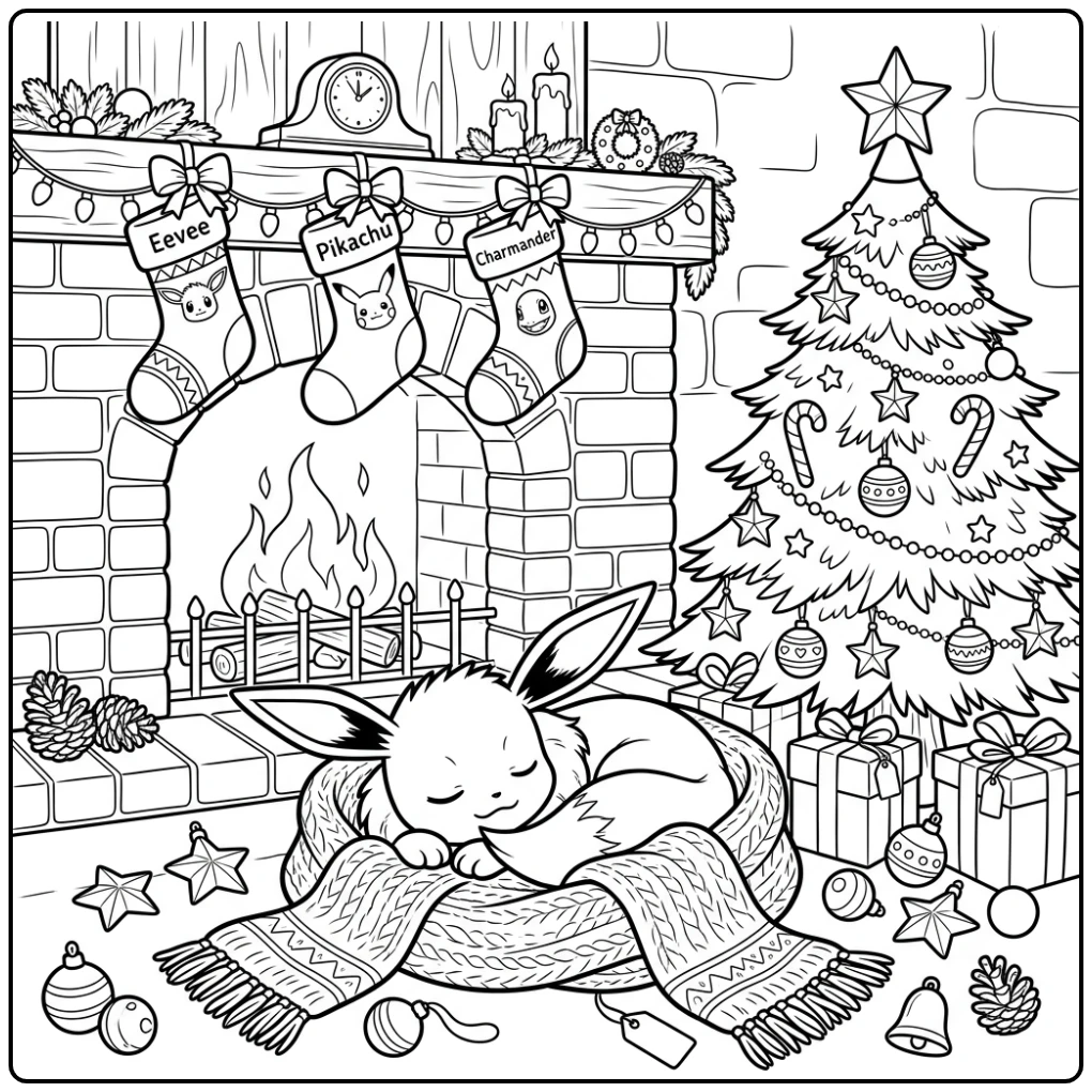 Pokemon Christmas Eevee by the Open Fireplace Full of Warmth coloring page