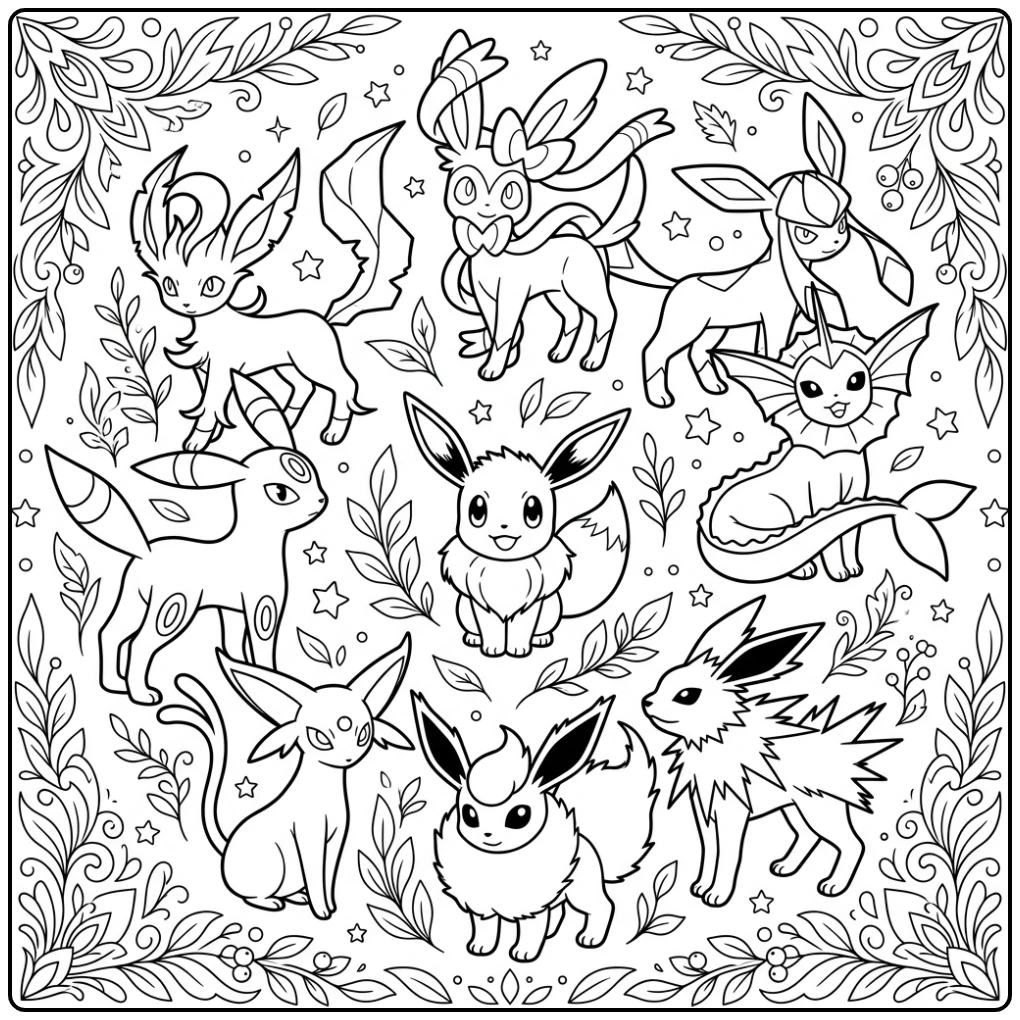 Ultimate Detailed Pokemon Eevee and Her Evolutions coloring page