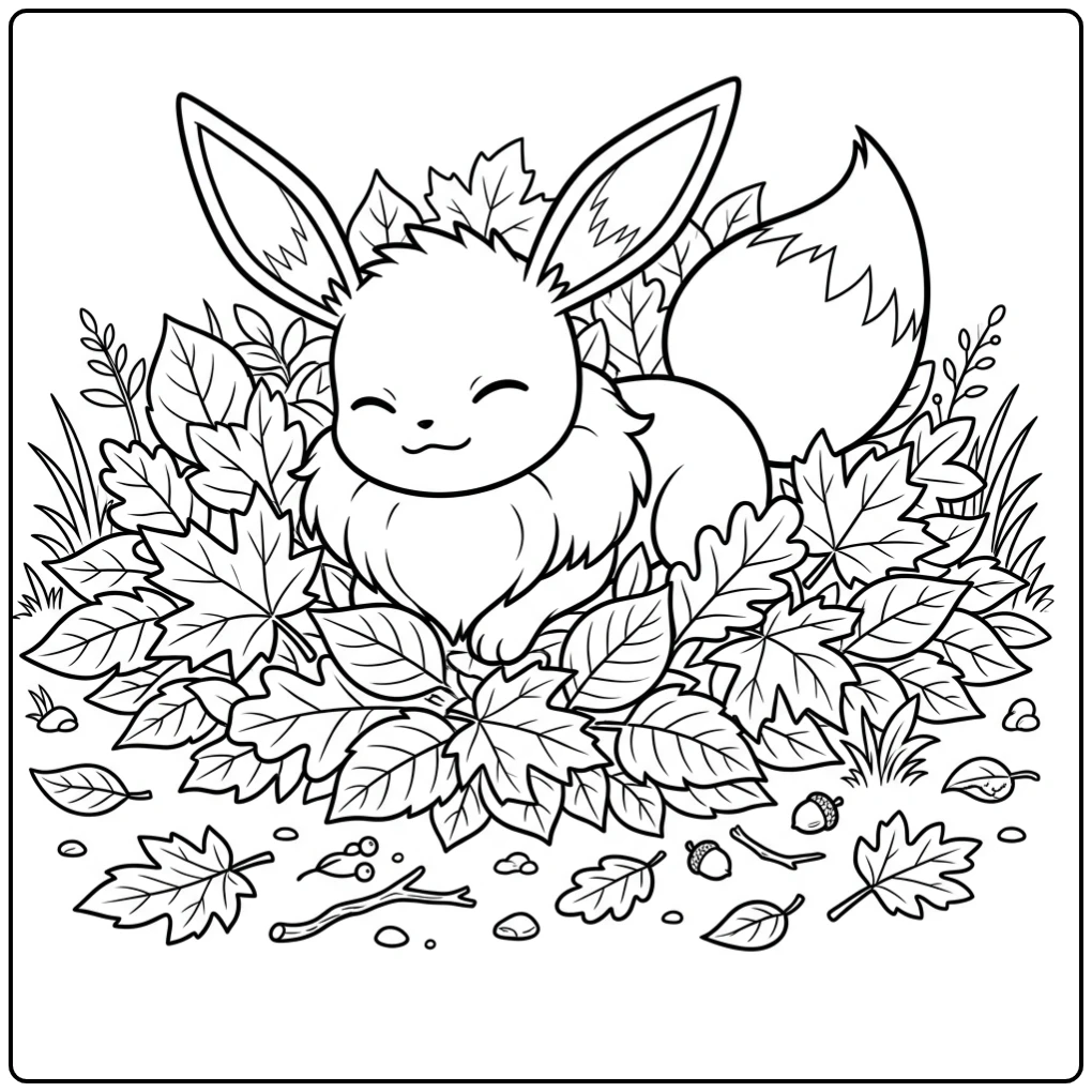 Eevee Comfortably Curled Up Among Leaves coloring page