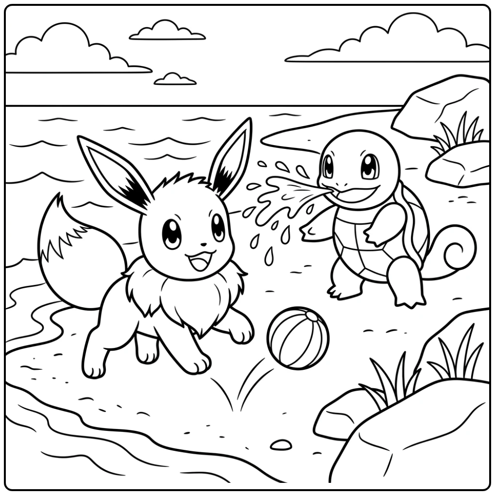 Eevee Playing with Ball Squirtle Spraying Water coloring page
