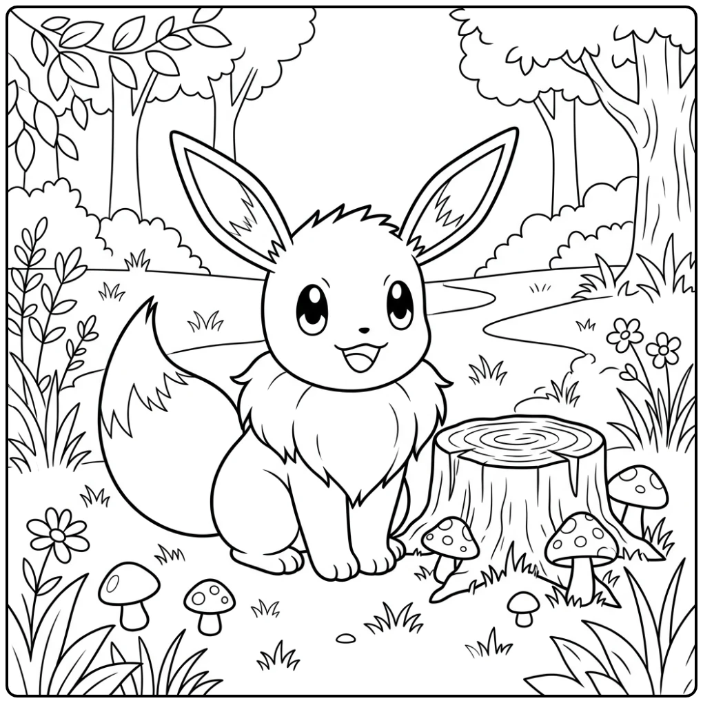 Quiet Eevee Sitting with a Wooded Tree Stump coloring page