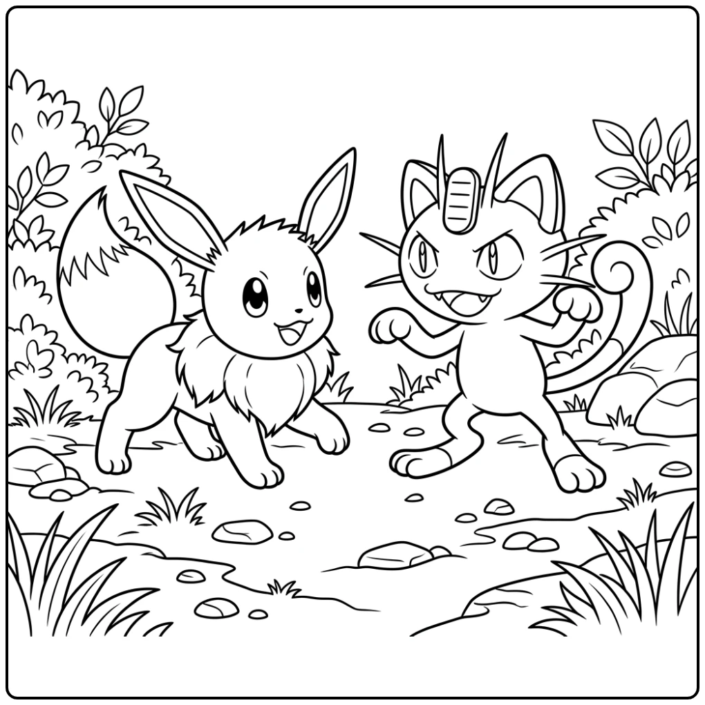 Friendly Confrontation Among Eevee and Meowth coloring page