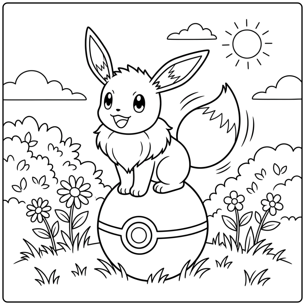 Eevee's Adventure on a Poke Ball Among Flowers coloring page