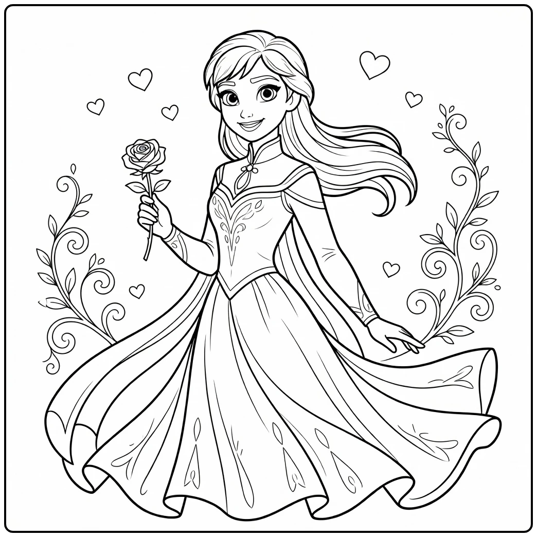 Elegant Anna with a Flower and Flowing Dress coloring page