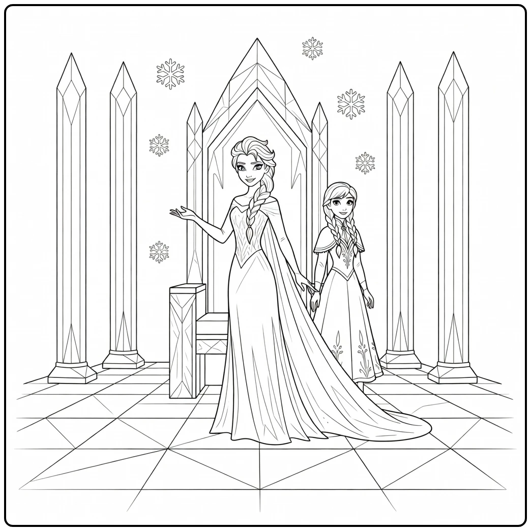 Elsa and Anna in Ice Palace Beautiful Frozen coloring page