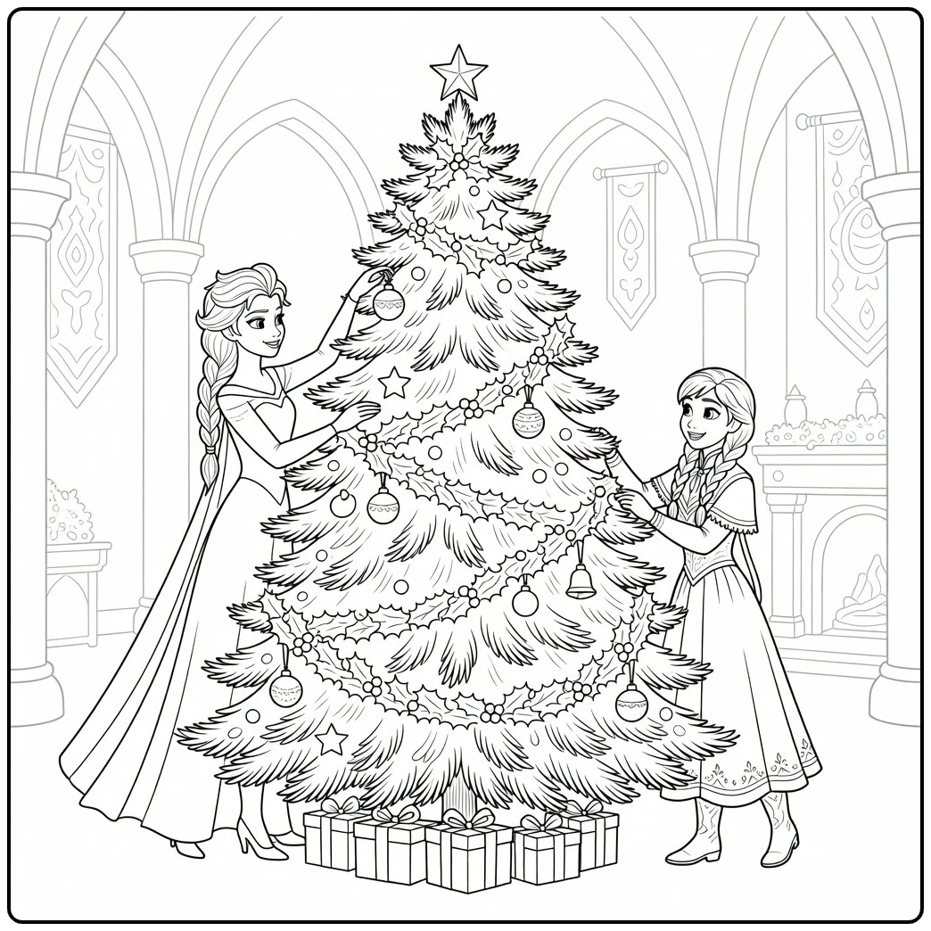 Elsa and Anna Decorating the Tree Christmas Frozen coloring page