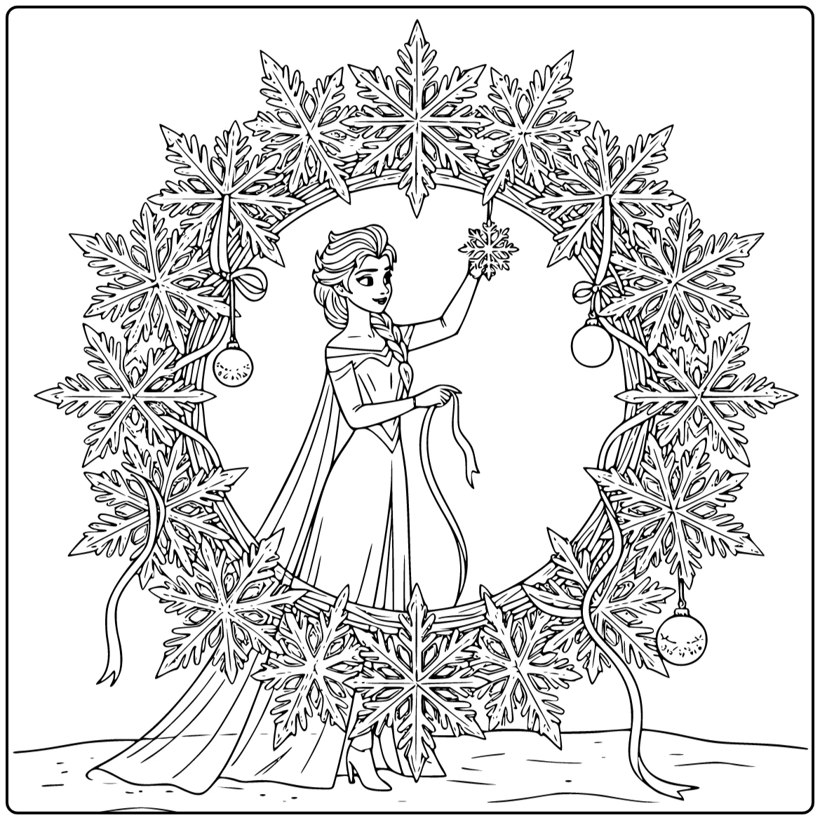 Elsa Christmas Snowflakes and a Wintry Wreath coloring page