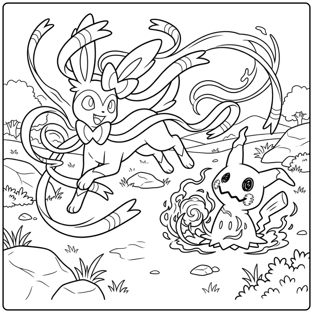 Energetic Sylveon Pokemon Duel with Mimikyu coloring page