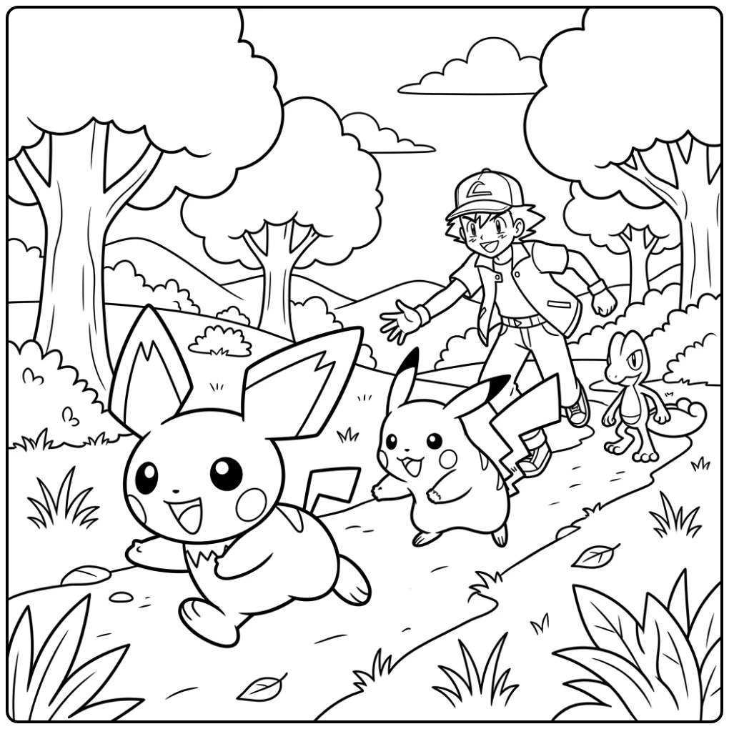Energetic Pichu in Action with His Best Friends coloring page