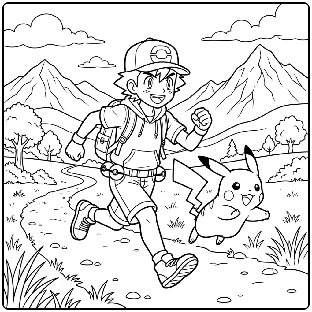 Pokemon Ash coloring page with an adventure scene